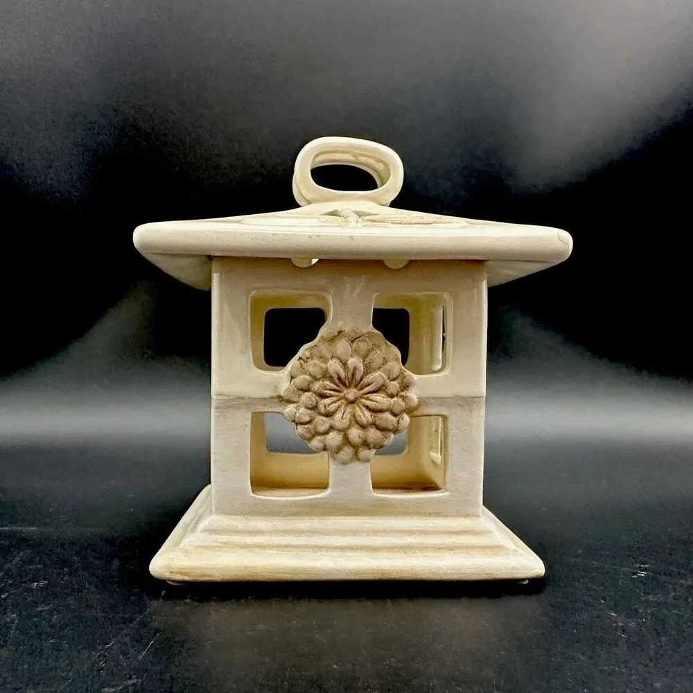 VTG Yankee Candle Stoneware Pagoda Tea Light Holder Dragonfly Ceramic Lantern 4”
